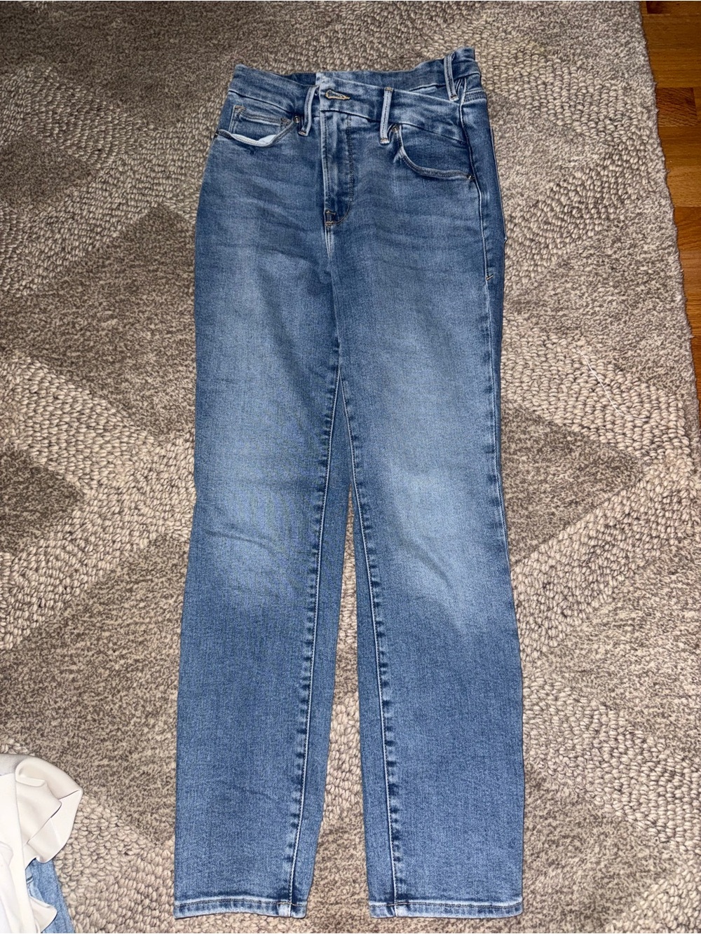 Good American Medium Blue Straight-Leg criss cross Jeans